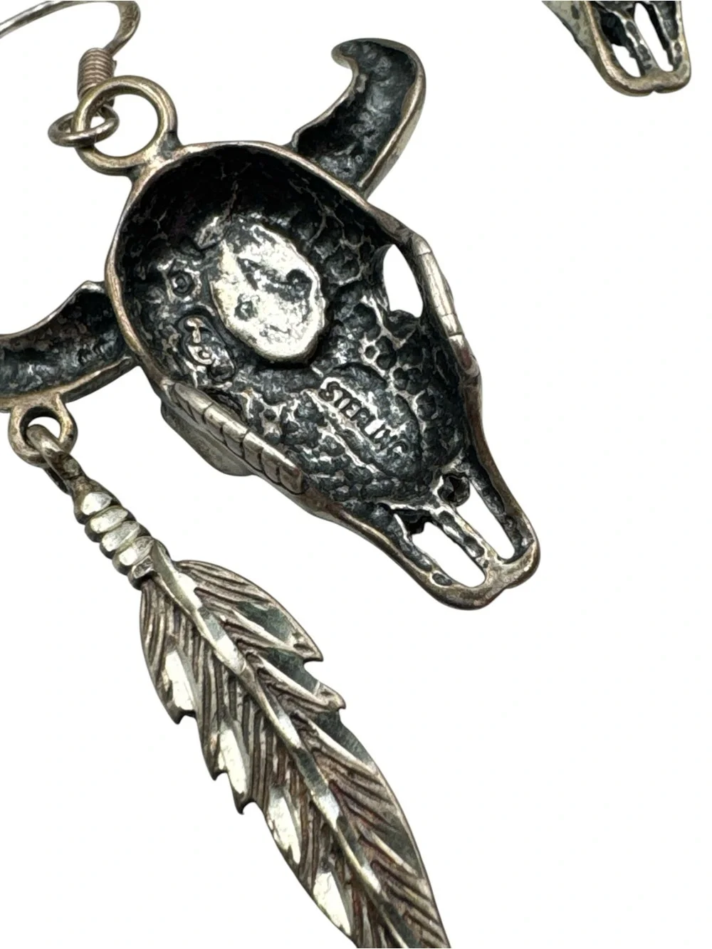 Vintage Sterling Silver Bull Skull Black Onyx Feather Dangle Earrings 11.1 Grams